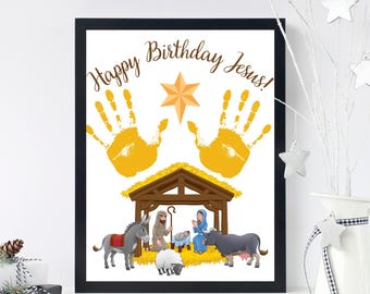 May include: A printable craft for kids featuring a nativity scene with a manger, Mary, Joseph, baby Jesus, a donkey, a cow, and a sheep. The craft also includes two yellow handprints and the text "Happy Birthday Jesus!"