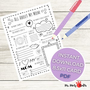 Alles über meine Mutter PRINTABLE Fill in the Blank Geschenk für Muttertag | Muttertagsfragebogen | Muttertag Malseite