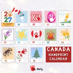 Peut inclure: Un calendrier d'empreintes de mains Canada 2027 composé de douze pages mensuelles avec des illustrations thématiques intégrant des empreintes, dont un ours polaire, un cœur, un feu de camp, une araignée et un sapin. Texte : Canada Handprint Calendar.