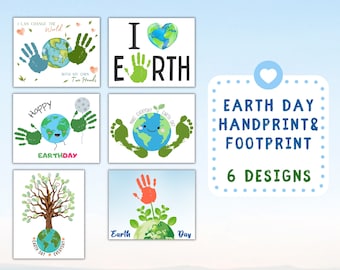 May include: Six different designs for Earth Day handprint and footprint crafts. The designs feature a green handprint on a blue globe, a green footprint on a blue globe, a tree with a green globe at the base, a green handprint on a blue globe with a red handprint on a green sprout, a blue globe with a happy face and green footprints, and a green handprint on a blue globe with the text "I love Earth".