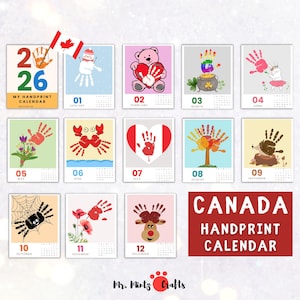 Handprint Calendar 2026 Printable with CANADIAN HOLIDAYS | Handprint Art Craft Gift Grandparents | Handprint Memory Book | Calendar Template