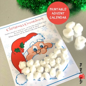 Countdown To Christmas | Christmas Countdown | Christmas Advent Calendar Printable | Cotton Balls on Santa's Beard Countdown Calendar