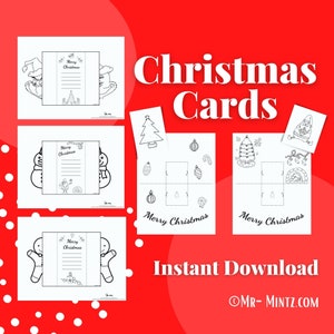Tarjetas de Navidad para colorear IMPRIMIBLES / Tarjeta de Navidad Grinch / Tarjeta de hombre de jengibre / Tarjetas de Navidad de muñeco de nieve / Tarjetas de Navidad de Santa