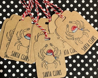 Handmade Santa Claws crab inspired gift tags, present tags, Gift Wrapping Pack of 8,  X-Mas tags, gift wrap tags, Christmas present labels