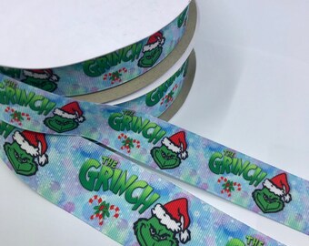 38mm  and 25mm Grinch Outline Of Face Blue Background Grosgrain Ribbon