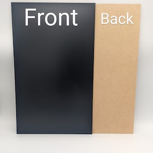 May include: A rectangular black panel with the word "Front" in white lettering is positioned next to a rectangular tan panel with the word "Back" in white lettering. The panels are side by side.