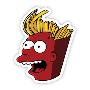 May include: A die-cut sticker featuring a cartoon character with a red, box-shaped head resembling a container of french fries. The character has wide, surprised eyes, an open mouth with visible teeth, and yellow french fries standing upright.