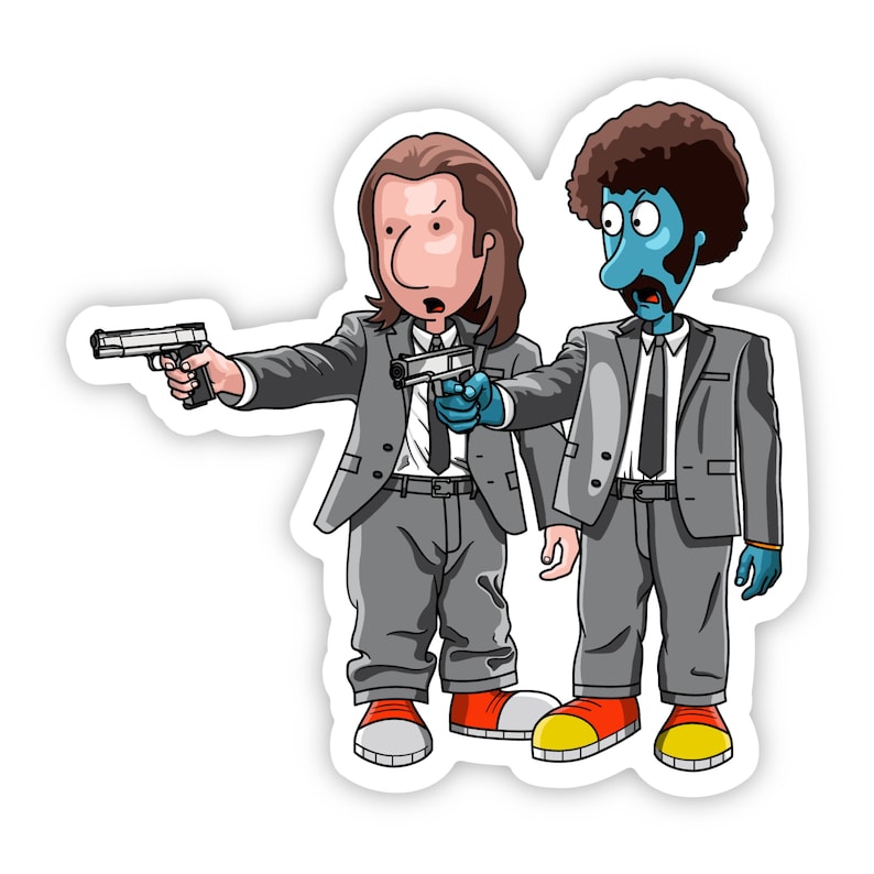 May include: A cartoon sticker featuring two characters in grey suits, white shirts, and black ties. One character has brown hair and skin, while the other has blue skin and a brown afro. Both characters are holding black handguns and wearing sneakers.