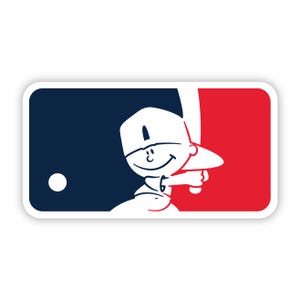 May include: A rectangular sticker featuring a stylized graphic of a cartoon character swinging a baseball bat. The design is split into a dark blue section on the left and a red section on the right, with a small white circle on the blue side.