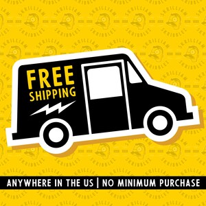 May include: A black and white graphic of a delivery truck on a yellow background with the text FREE SHIPPING. Below the truck, a black horizontal bar contains the white text ANYWHERE IN THE US | NO MINIMUM PURCHASE. The background features a repeating pattern.
