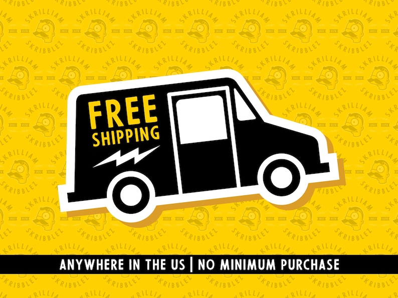May include: A black and white graphic of a delivery truck on a yellow background with the text FREE SHIPPING. Below the truck, a black horizontal bar contains the white text ANYWHERE IN THE US | NO MINIMUM PURCHASE. The background features a repeating pattern.