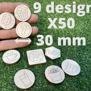 50 fichas de madera de 30 mm con números para comida y bebida, ideales para fiestas, bodas, cumpleaños y ferias.