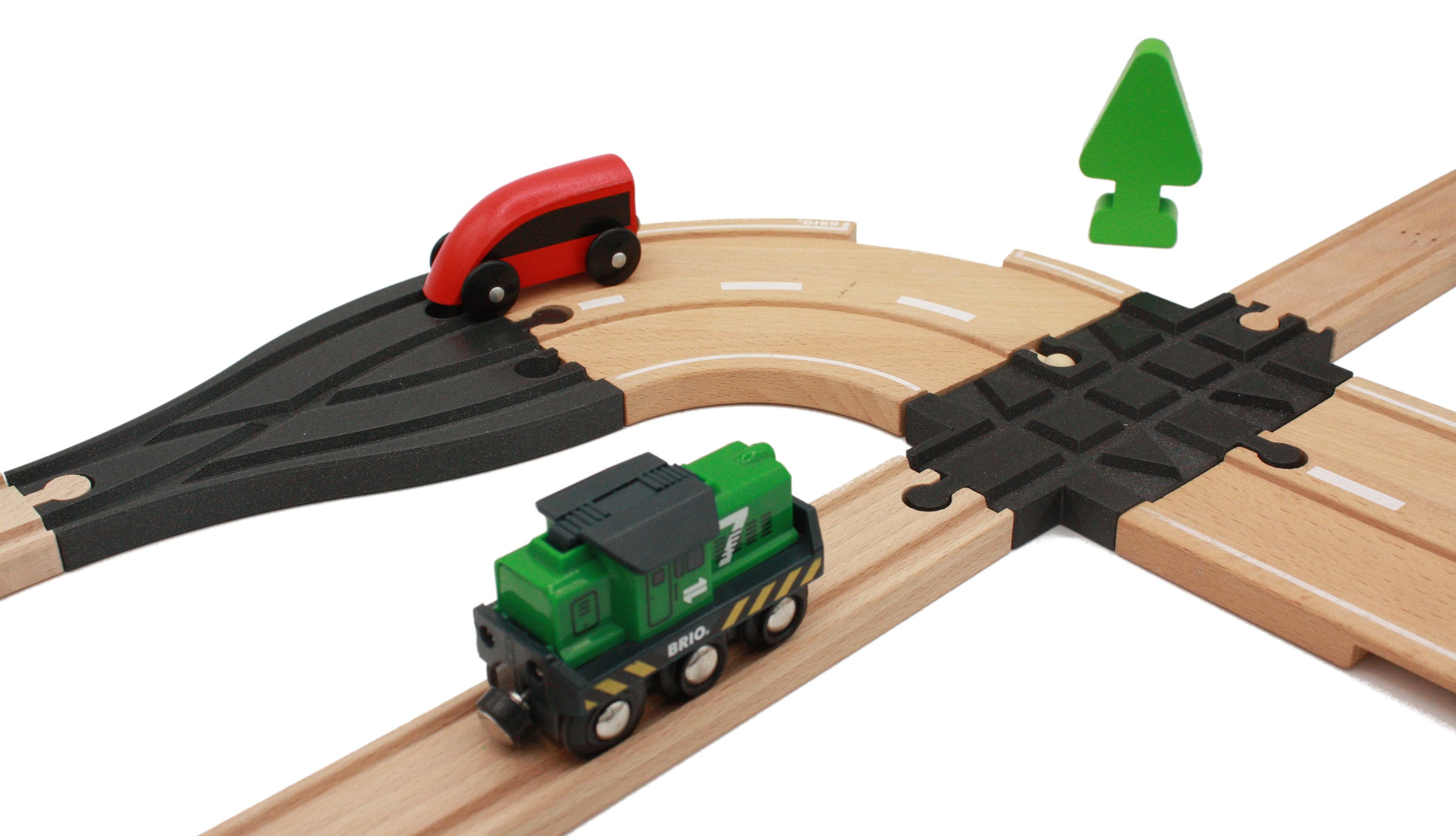 Points and crossings for wooden roads and trains compatible with Brio