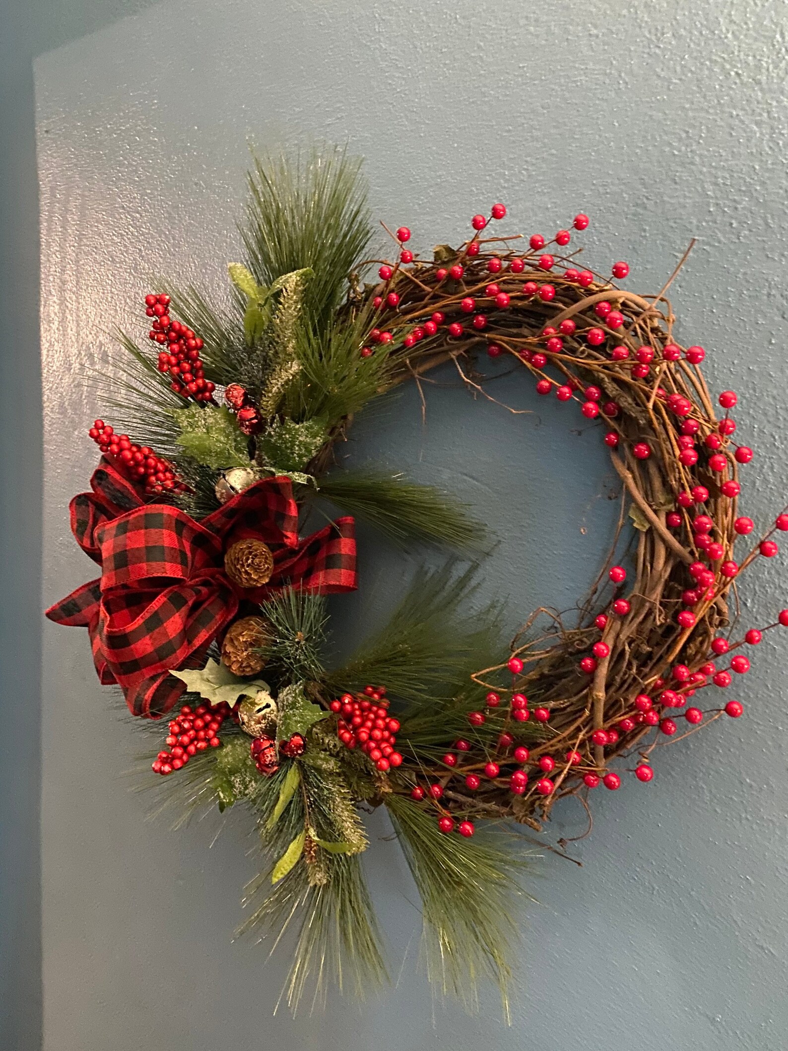 Natural Grapevine Wreath, Berries, Two Jingle Bells, Two Cone Pines ...