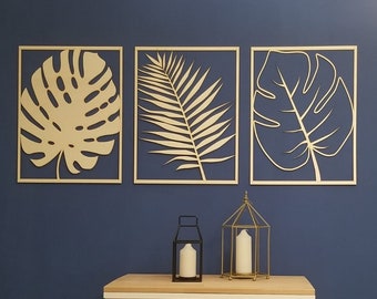 Hout moderne muurkunst 3 grote bladeren panelen decor geometrisch abstracte wanddecoratie