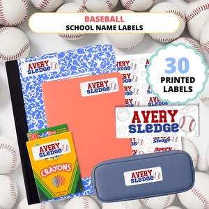 May include: Baseball-themed school name labels with the text "AVERY SLEDGE" on various school supplies, including a notebook, folder, pencil case, and crayon box. The image includes 30 printed labels and baseballs.
