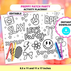 Könnte beinhalten: Eine weiße Aktivitäts-Tischunterlage mit schwarzen Strichzeichnungen, mit Sätzen wie "SLAY" und "LET'S PARTY" sowie verschiedenen Kritzeleien. Enthält ein Smiley, einen Blitz und Schleifen. Die Tischunterlage ist in 21,6 x 27,9 cm und 27,9 x 43,2 cm erhältlich.