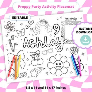 Puede incluir: Un mantel individual de actividades en blanco y negro con el texto "Preppy Party Activity Placemat" y "Ashley". El mantel individual incluye varias ilustraciones como flores, un arcoíris y un rayo. También incluye el texto "Editable" e "Instant Download". El mantel individual mide 21,6 x 27,9 cm y 27,9 x 43,2 cm.