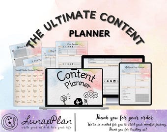 以下が含まれることがあります： 「THE ULTIMATE CONTENT PLANNER」のテキストが入ったデジタルコンテンツプランナー。画像には、ラップトップ、タブレット、目標アクション、投稿レビュー、ソーシャルメディアコンテンツプランニングのセクションがあるさまざまな印刷物が表示されています。 LunaxPlanのロゴが一番下にあります。