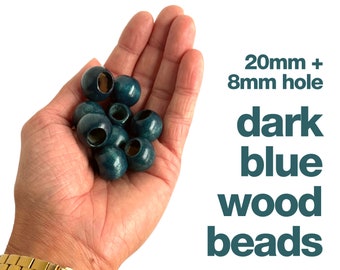 dark blue wood beads • large 20mm + 8mm hole • individual or multiple • fibre art, diy, craft + holiday project supplies