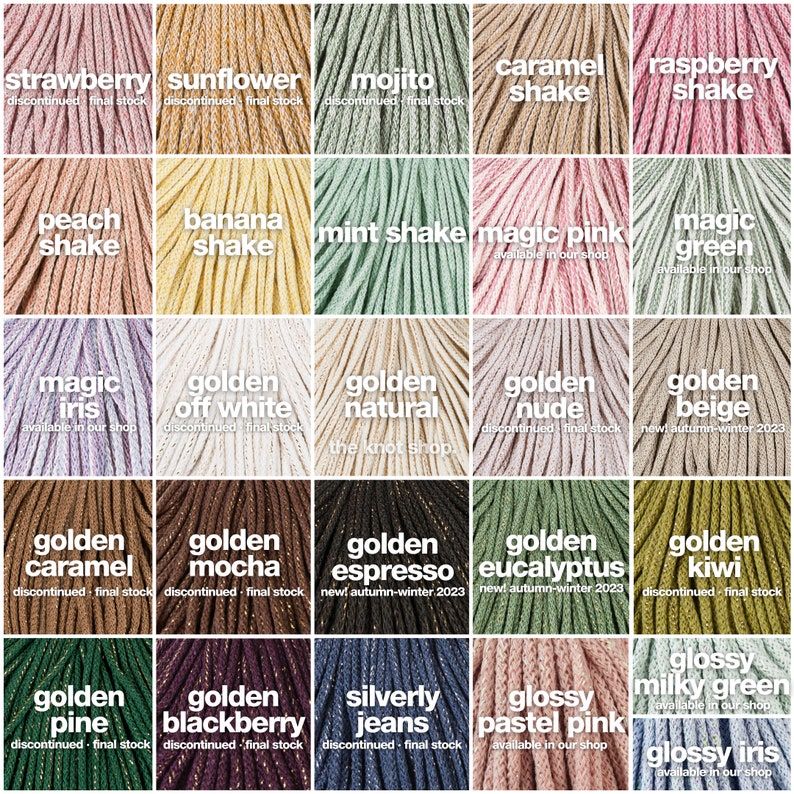 May include: A colour chart of 20 different colours of cotton cord, with names like "golden natural", "golden caramel", "golden blackberry", and "glossy pastel pink".
