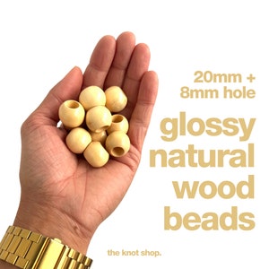 glossy natural wood beads • large 20mm + 8mm hole • individual or multiple • fibre art, diy, craft + holiday project supplies