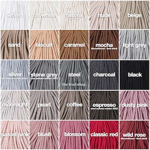 May include: A colour chart of 20 different colours of cotton cord. The colours are arranged in a grid of 5 rows and 4 columns. The colours include white, off white, natural, nude, beige, sand, biscuit, caramel, mocha, light grey, silver, stone grey, steel, charcoal, black, moonlight, pearl, coffee, espresso, dusty pink, pastel pink, blush, blossom, classic red, and wild rose.