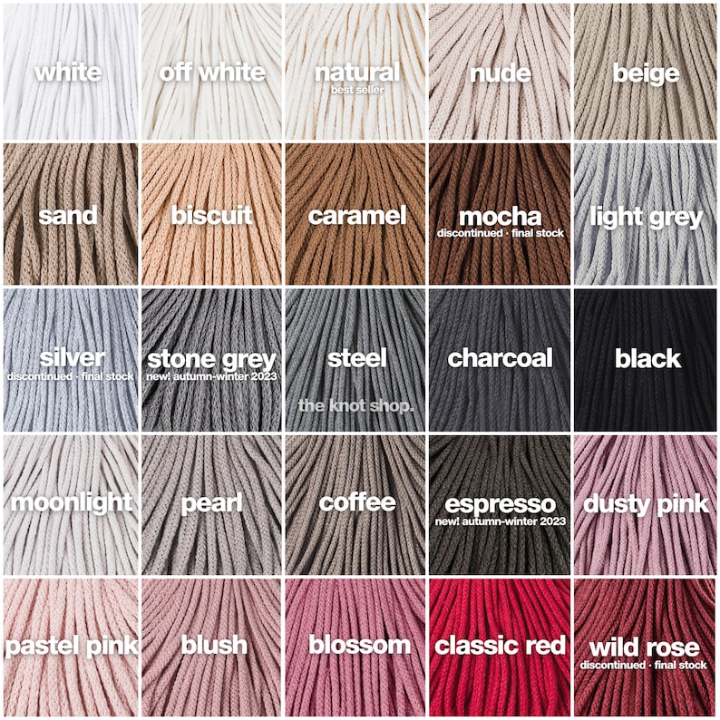 May include: A colour chart of 20 different colours of cotton cord. The colours are arranged in a grid of 5 rows and 4 columns. The colours include white, off white, natural, nude, beige, sand, biscuit, caramel, mocha, light grey, silver, stone grey, steel, charcoal, black, moonlight, pearl, coffee, espresso, dusty pink, pastel pink, blush, blossom, classic red, and wild rose.