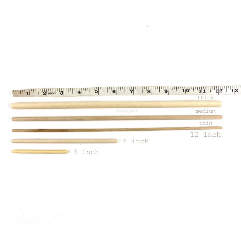May include: Four wooden dowels of varying lengths and thicknesses. The dowels are arranged from longest to shortest. The longest dowel is 12 inches long and labeled "thick". The next dowel is 12 inches long and labeled "medium". The third dowel is 6 inches long and the shortest dowel is 3 inches long.