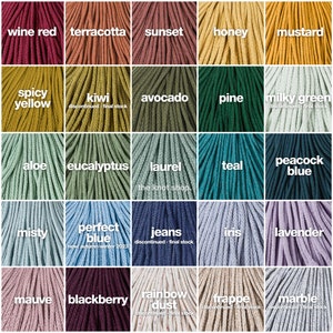 May include: A colour chart of 20 different colours of cotton cord, with names for each colour. The colours include wine red, terracotta, sunset, honey, mustard, spicy yellow, kiwi, avocado, pine, milky green, aloe, eucalyptus, laurel, teal, peacock blue, misty, perfect blue, jeans, iris, lavender, mauve, blackberry, rainbow dust, frappe, and marble.