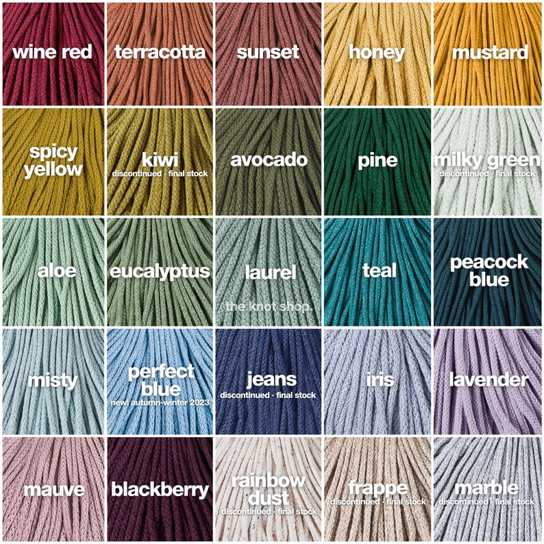 May include: A colour chart of 20 different colours of cotton cord, with names for each colour. The colours include wine red, terracotta, sunset, honey, mustard, spicy yellow, kiwi, avocado, pine, milky green, aloe, eucalyptus, laurel, teal, peacock blue, misty, perfect blue, jeans, iris, lavender, mauve, blackberry, rainbow dust, frappe, and marble.