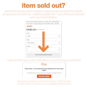 May include: A screenshot of an Etsy shop showing a 3mm 3-ply macrame cord that is sold out. The cord is available in 32 colours and is made of high quality recycled cotton. The price is CA$5.25. The image includes a button that says "Let me know when it's back".