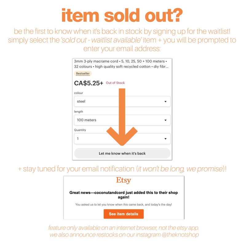 May include: A screenshot of an Etsy shop showing a 3mm 3-ply macrame cord that is sold out. The cord is available in 32 colours and is made of high quality recycled cotton. The price is CA$5.25. The image includes a button that says "Let me know when it's back".