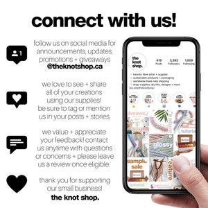 May include: A smartphone screen displaying a social media page for "the knot shop." The page features a collage of images showcasing various craft supplies, including colourful yarn, beads, and macrame projects. The text on the screen reads "Toronto fibre artist + supplier, sustainable products + packaging, worldwide fixed-rate shipping, shop supplies, diy kits, designs + more, bio.site/theknotshop."