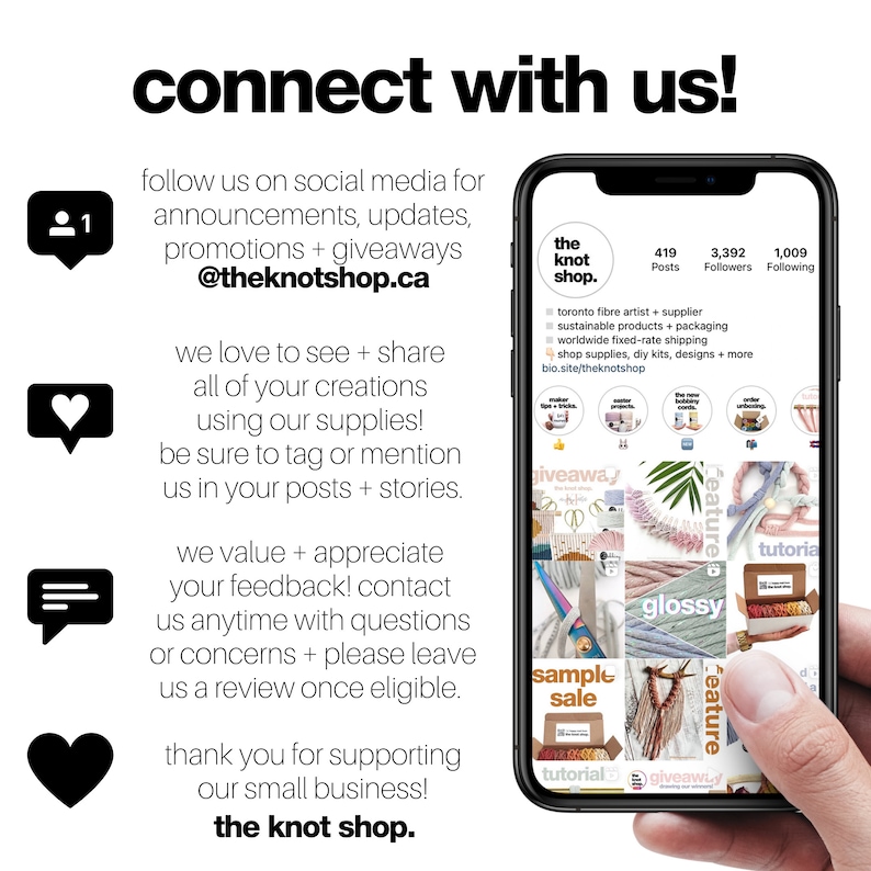 May include: A smartphone screen displaying a social media page for "the knot shop." The page features a collage of images showcasing various craft supplies, including colourful yarn, beads, and macrame projects. The text on the screen reads "Toronto fibre artist + supplier, sustainable products + packaging, worldwide fixed-rate shipping, shop supplies, diy kits, designs + more, bio.site/theknotshop."