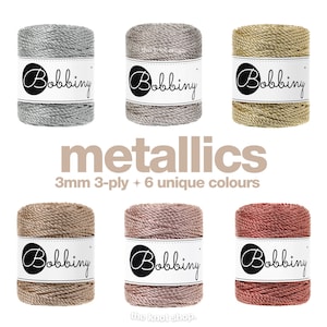 3mm 3-ply metallic macrame cord • 6 colours • 5, 10, 25 + 50 meter • 81% recycled cotton • bobbiny, fibre art, macrame, diy + craft supplies