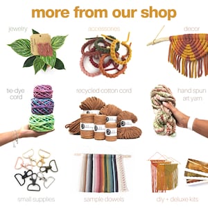 May include: A collection of craft supplies for macrame and other fibre arts.  The image shows a variety of items including:  recycled cotton cord, hand-spun art yarn, tie-dye cord, wooden dowels, small metal hardware, and macrame wall hangings.