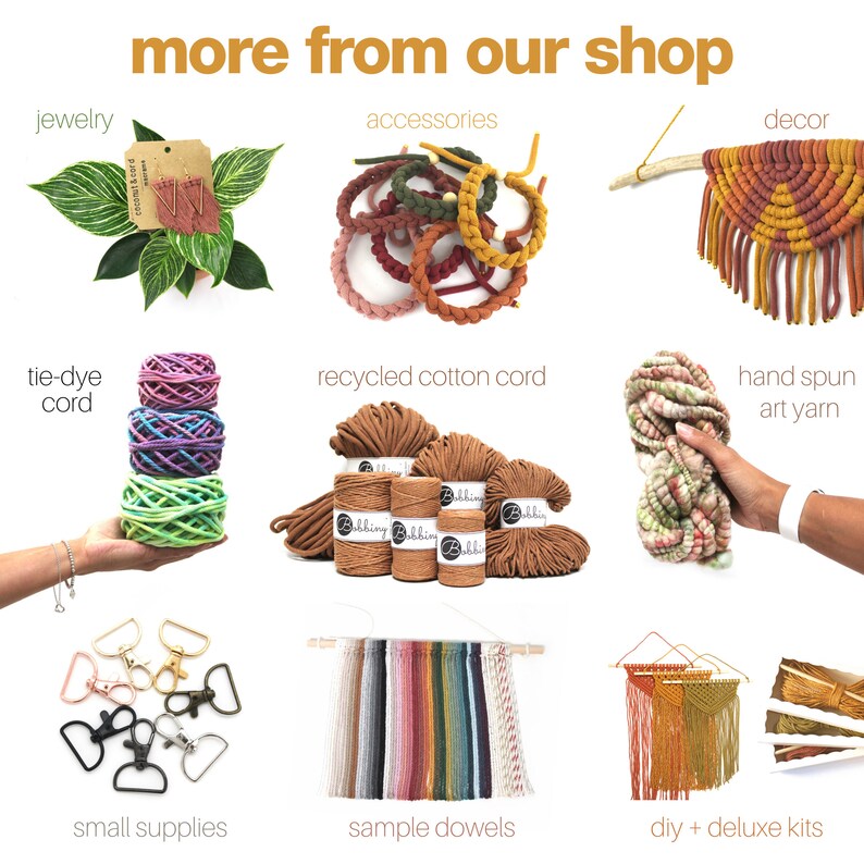 May include: A collection of craft supplies for macrame and other fibre arts.  The image shows a variety of items including:  recycled cotton cord, hand-spun art yarn, tie-dye cord, wooden dowels, small metal hardware, and macrame wall hangings.