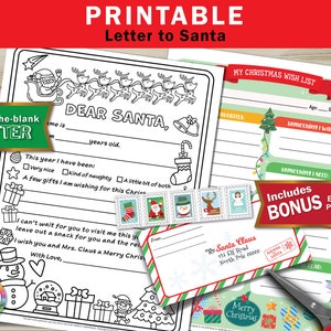 Druckbare Brief an Santa, Kinder Brief an Santa, Kinder Urlaub Farbe, Weihnachtsmann, Santa Brief, Füllen Sie die Lücke, Wunschliste für Kinder,