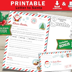 Carta imprimible a Papá Noel, carta infantil a Papá Noel, Papá Noel, plantilla de carta, carta de Navidad para niños, carta para completar con los espacios en blanco de Papá Noel