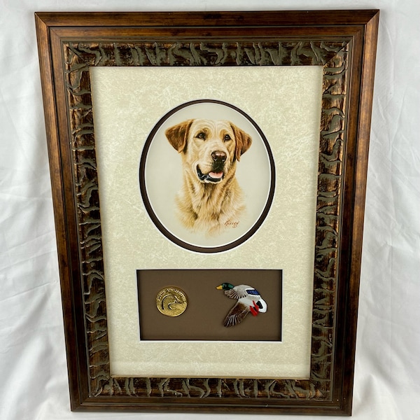 Ducks Unlimited James H Killen Golden Retriever Wood Framed Print with Coin & Duck vintage