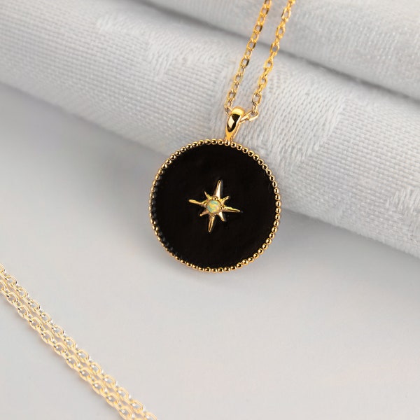 Collar de monedas negras de ópalo Starburst / 14K bañado en oro / Plata esterlina 925 / Estrella polar / Joyería celestial / Joyería de capas delicadas