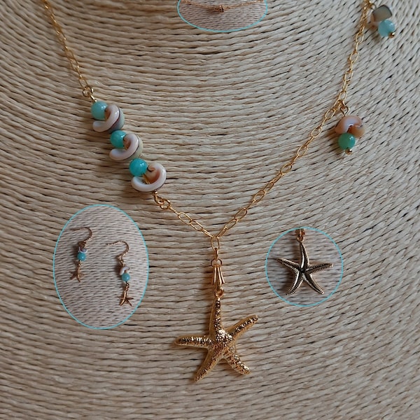 Collier "Marine" : étoiles de mer haute qualité, coquillages et amazonite, montés sur fine chaine