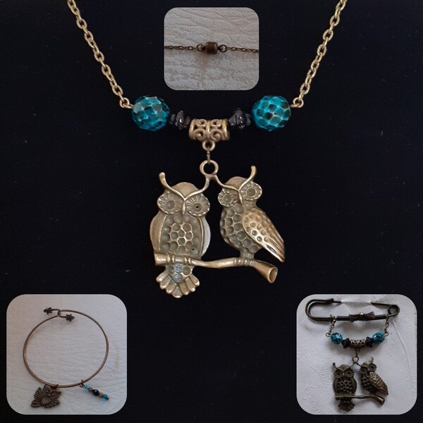 Parure "Hiboux" : collier, bracelet, épingle, bronze et perles verre de Bohème turquoise et noire