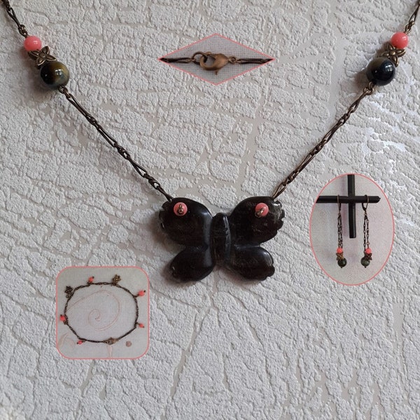 parure "Papillon et œil de faucon" : collier, bracelet et boucles d'oreille, chaîne fantaisie bronze perles en "œil de faucon" et corail