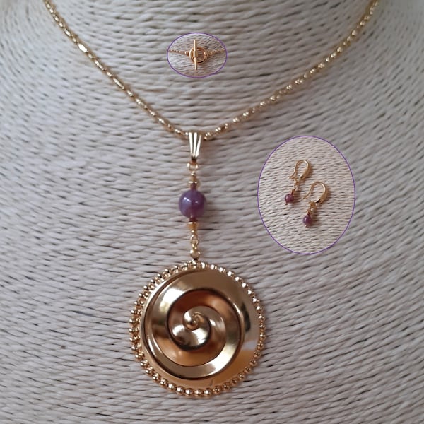 Parure "Spirale" : collier sur originale chaine boule, boucles d'oreilles crochet fantaisie, lépidolite et dorure haute qualité