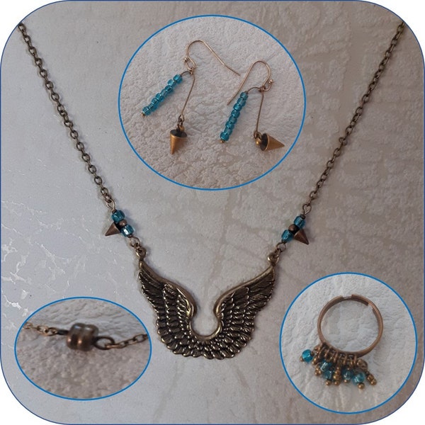 parure "Ange" : collier, boucles d'oreille et bague, apprêts bronze et laiton, perles verre rocaille turquoise