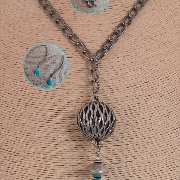 Parure "Nordik" : sautoir 1 rang monté sur 2 chaînes, boucles d'oreille crochets, argenture 925e  14 microns et verre de Bohème turquoise