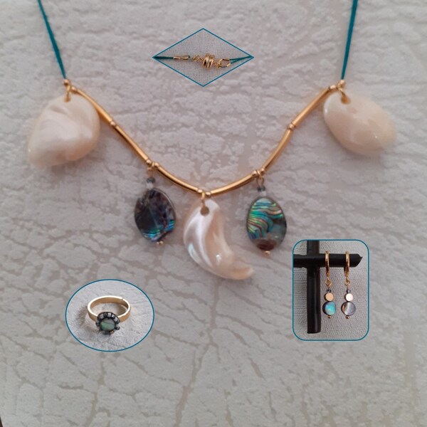 Parure "Outremer" : collier sur fil de jade, fermoir magnétique, dormeuses haute qualité, bague, nacre d'ormeau et blanche, Miyuki /Préciosa