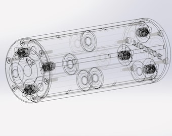 May include: A detailed line drawing of a cylindrical object with multiple internal components. The object has a circular end with the word "TOP" inscribed on it. The other end of the object has the word "MOTOR" inscribed on it.